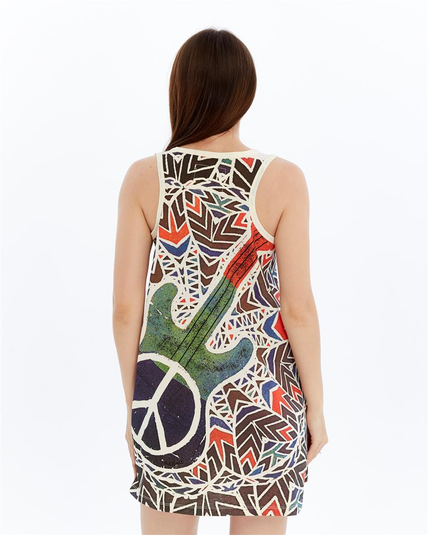 STONE WASHED PEACE & GUITAR PRINT WOMEN LONG LINE VEST