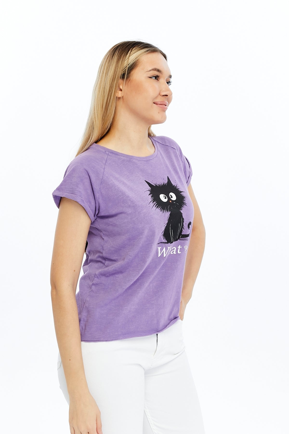 Stone washed Cat & What Printed Cotton Women T-shirt