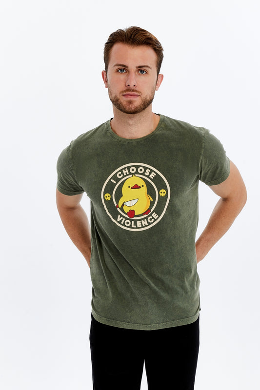 Acid Washed I CHOOSE VIOLENCE FUNNY CHICK Printed Cotton Half T-Shirt