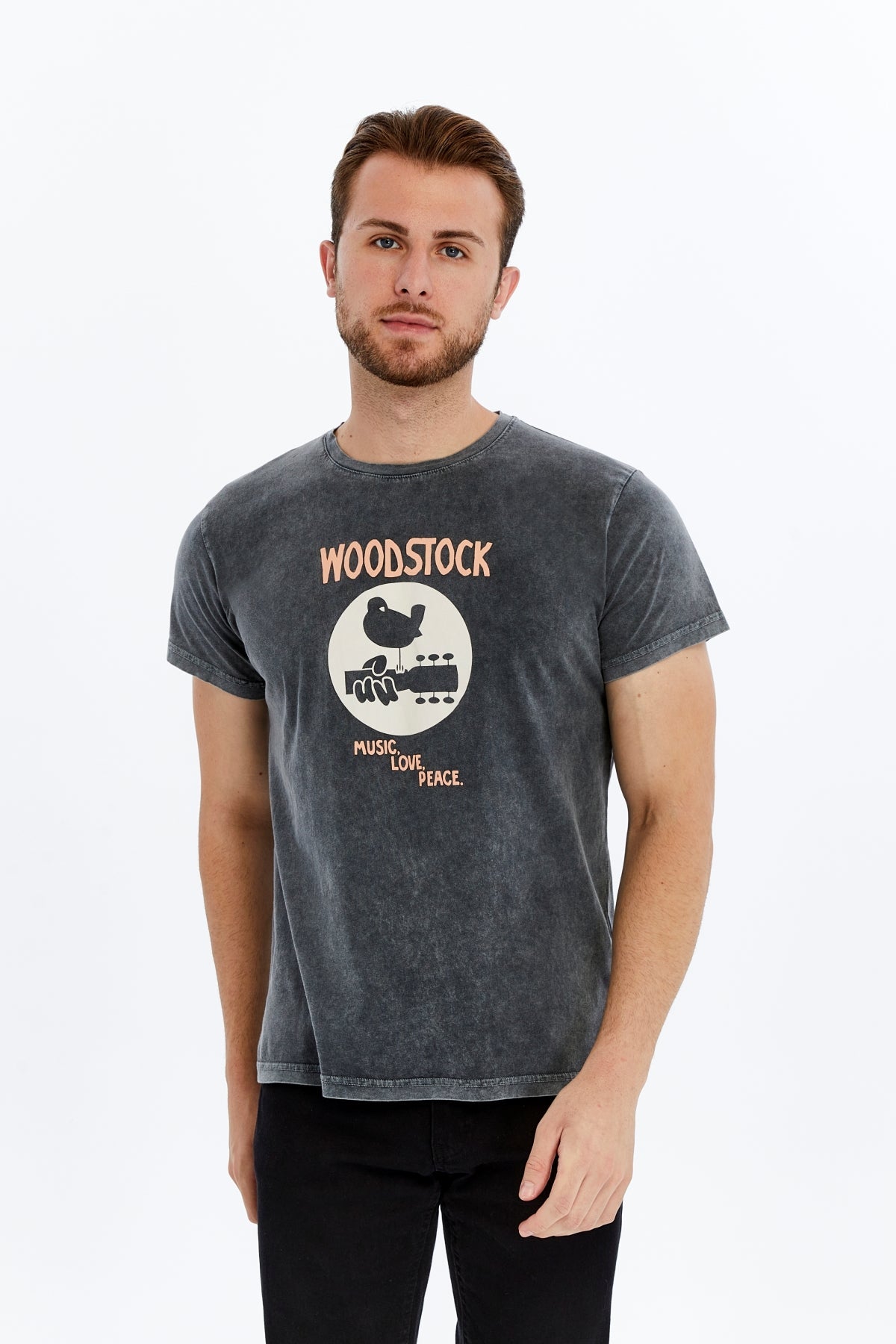 Stone Washed WOODSTOCK Printed Cotton T-shirt