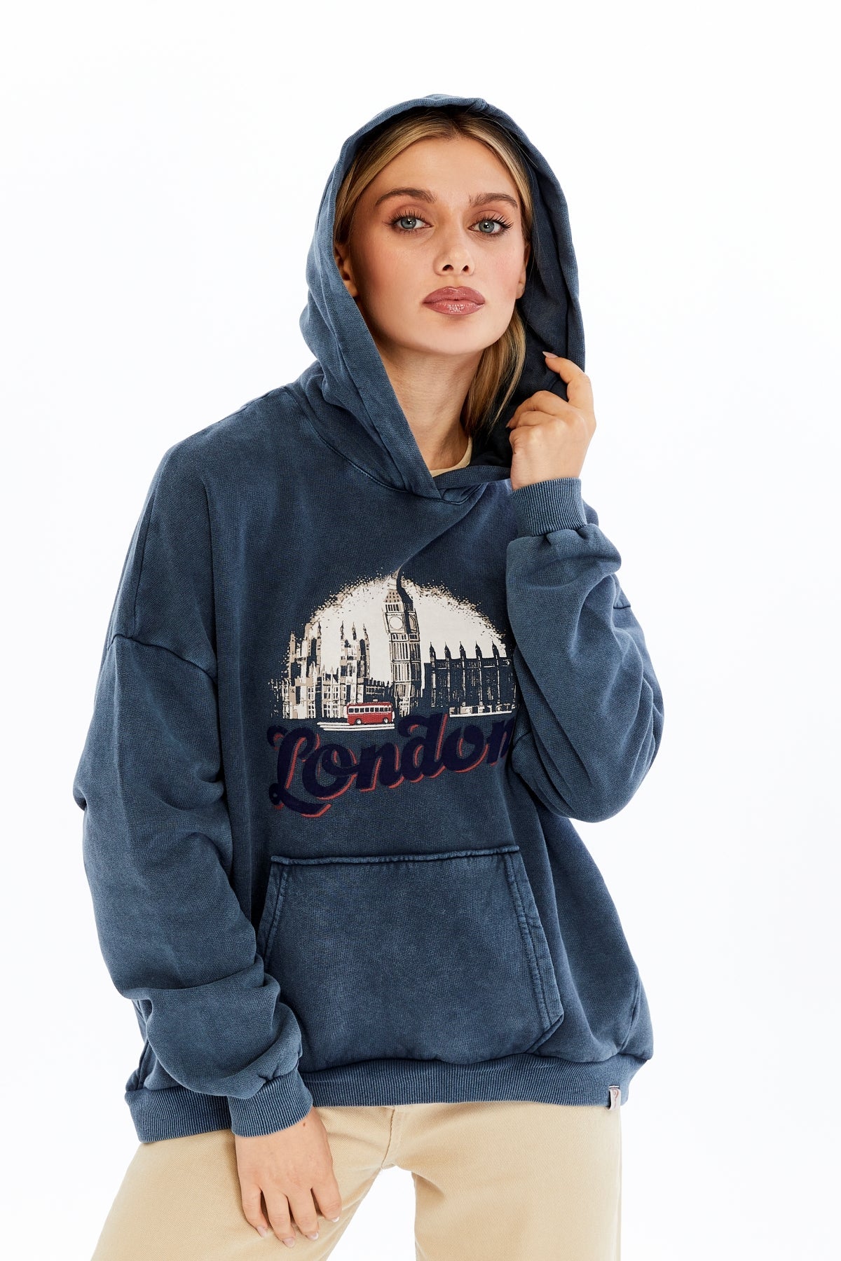 Stone Washed LONDON BUS Printed Women Cotton Hoodie