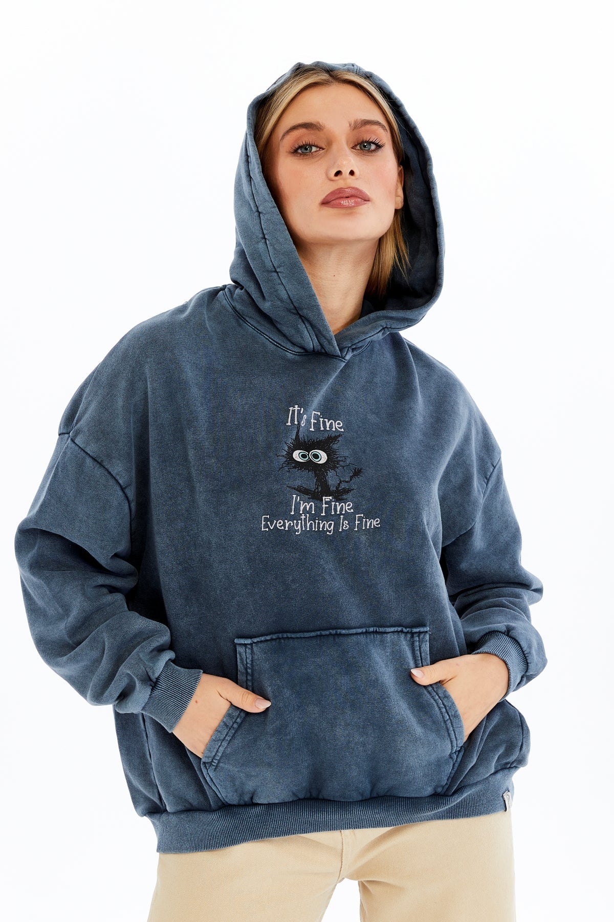 Stone Washed I am Fine Everything is Fine Printed Women Cotton Hoodie