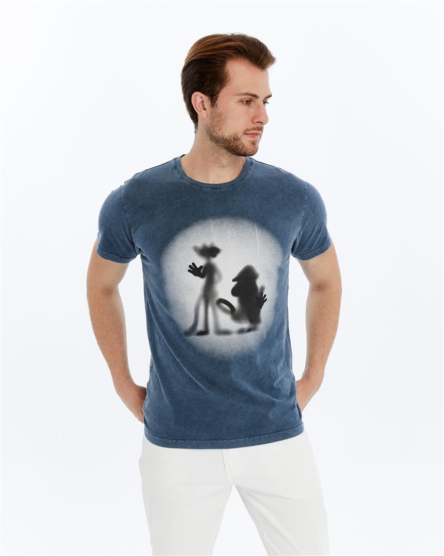Stone Washed Effect REFLECTION PATNTHER Printed Cotton T-shirt