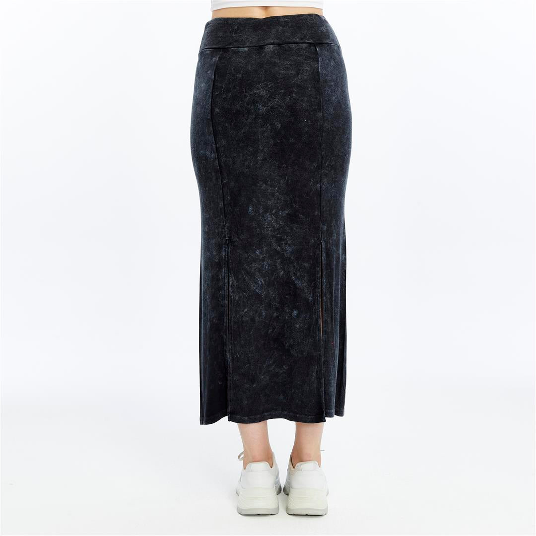 Stone Washed Cotton Plain Split Maxi Skirt