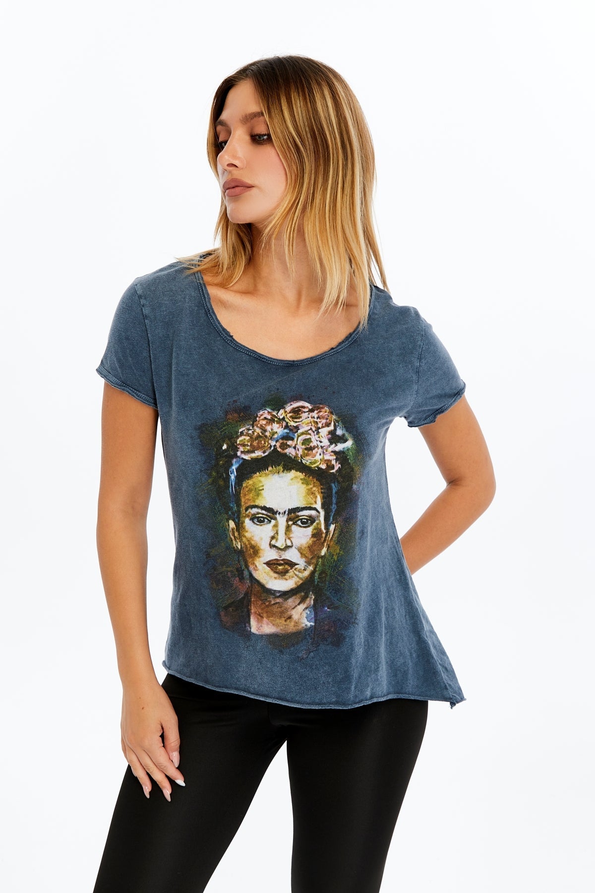 Stone Washed Frida Khlo Printed Cotton Women Scoop Neck T-shirt