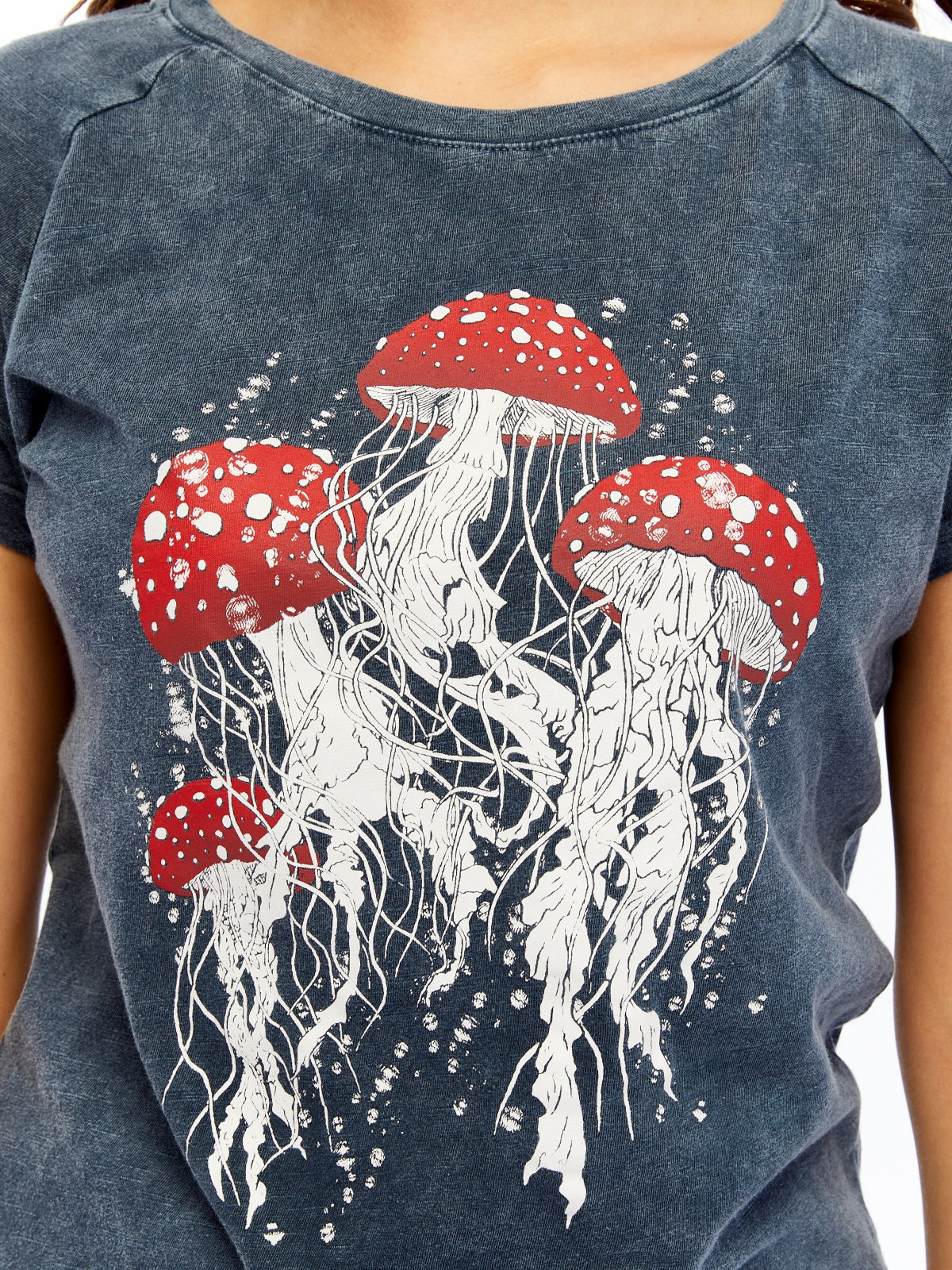 Stone Washed Jelly Fish Mushroom Cotton Women T-shirt