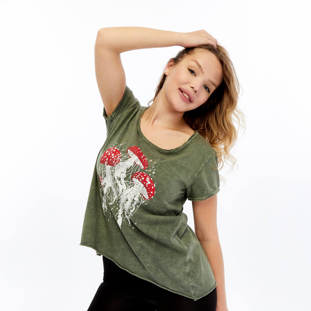Stone Washed Jelly Fish Mushroom Print Women's Top