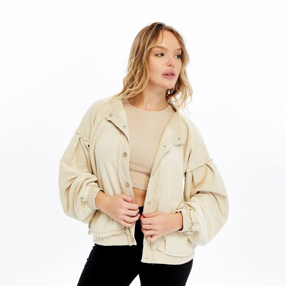 Stone Washed Line Details Women Buttoned Cardigan