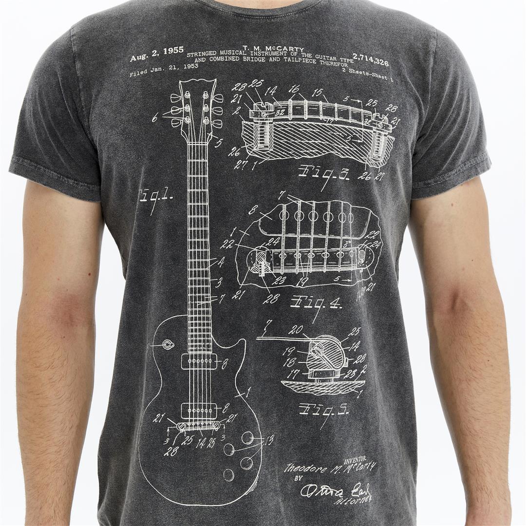 Stone Washed Guitar Mc 1995 Patent Printed Cotton T-Shirt