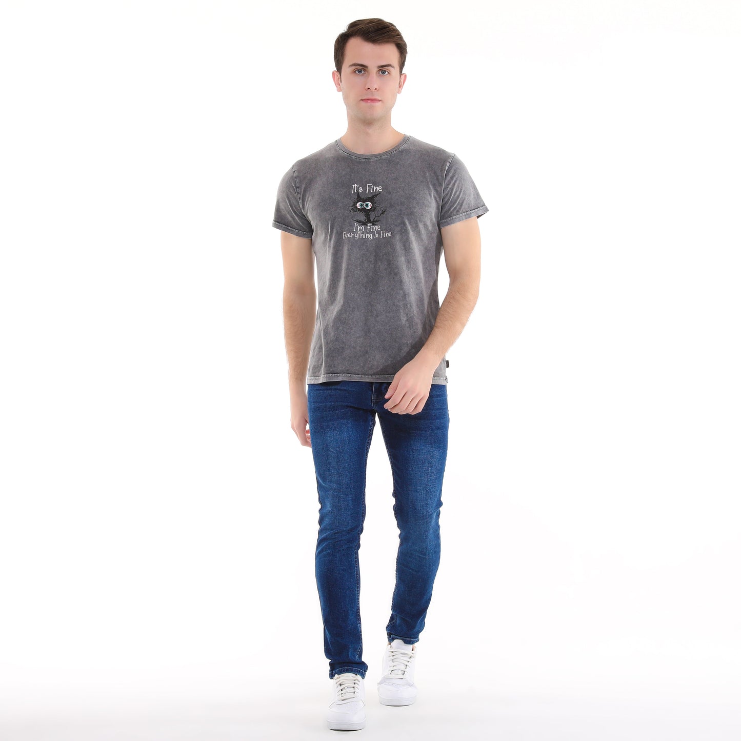 Stone Washed "I am Fine Everything Is Fine" Printed Cotton T-shirt