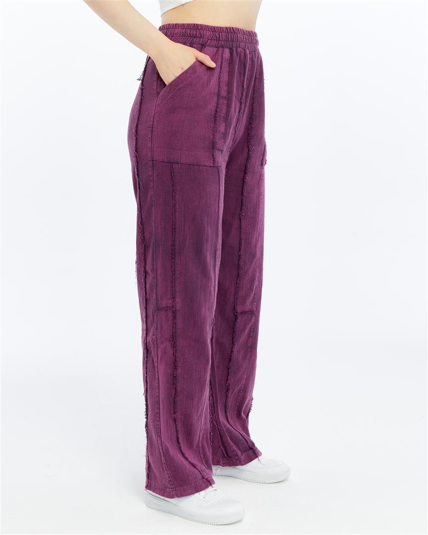 Stone Washed High Waist Details Cotton Trouser