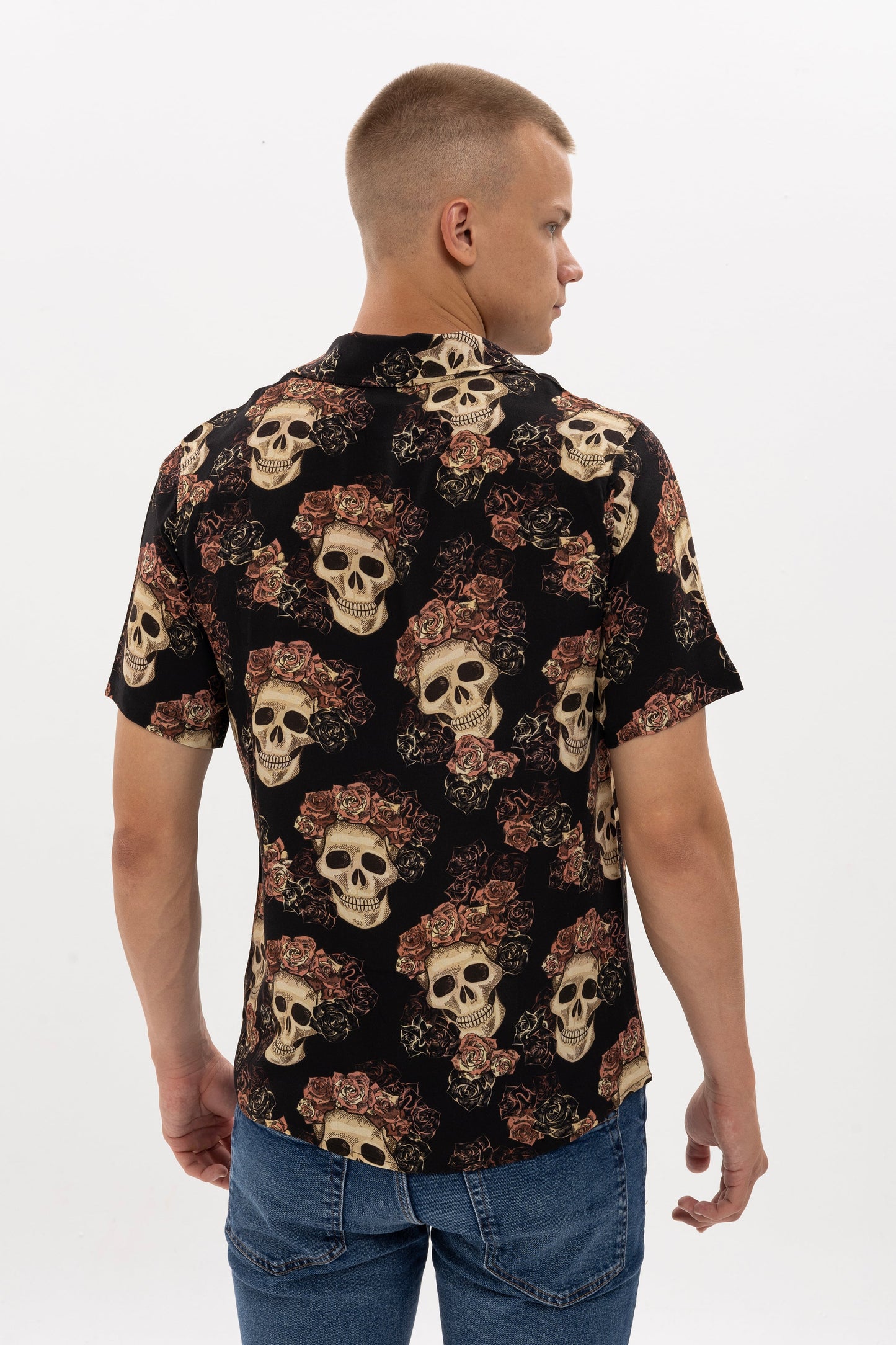 VINTAGE SKULL MEN'S SHORT SLEEVE BLACK& BROWN SHIRT