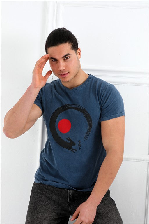 Stone Washed GOOD LUCK Printed Cotton T-shirt