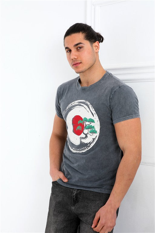 BONSAI TREE Printed Acid Washed Cotton T-shirt