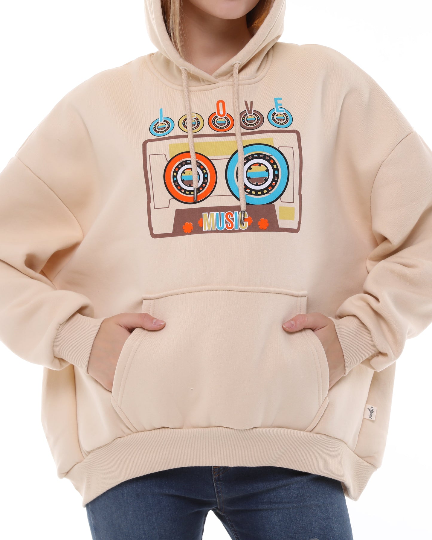 I love Music Vintage Cassette Print Fleece Cotton Women Long Sleeve Cream Hoodie