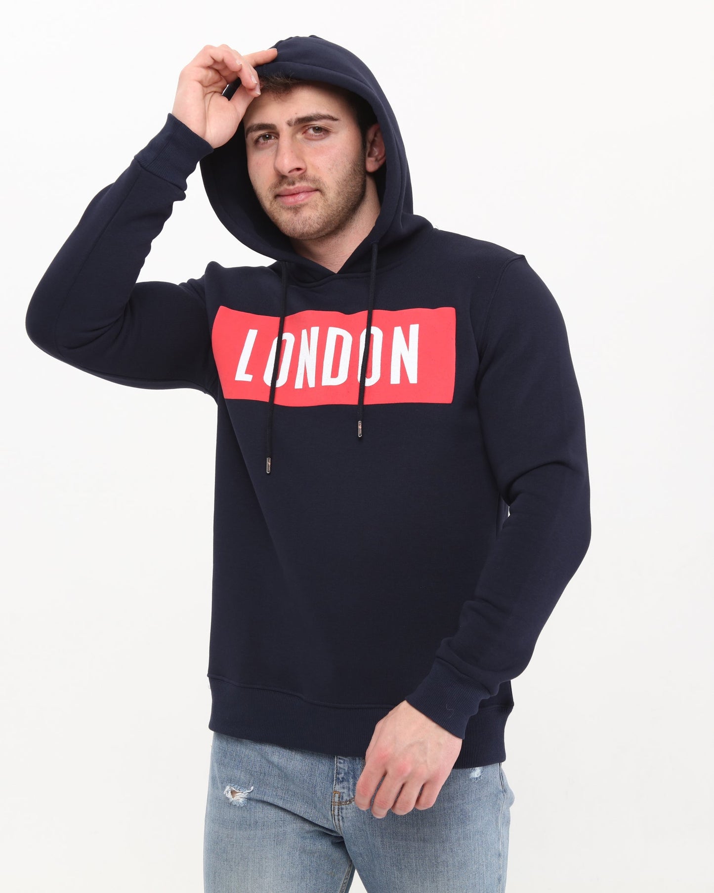 Navy Blue London Souvenir Print Men's Fleece Hoodie