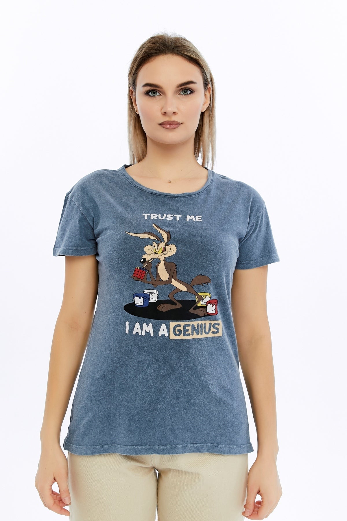 Acid Washed Trust Me I'M Genius Printed Cotton Women T-shirt