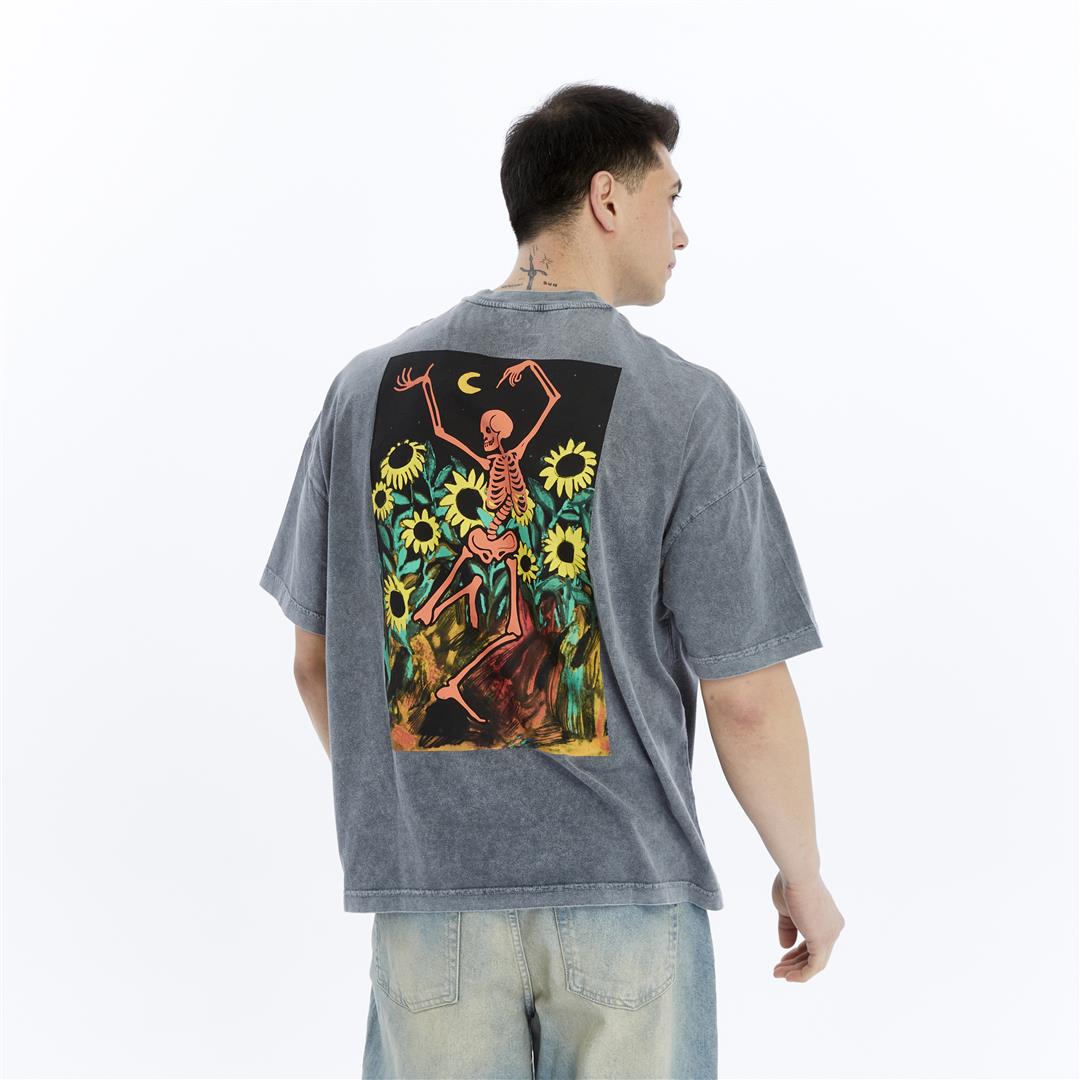 Stone Washed Effect Sunflower Skeleton Baggy Men's Cotton T-shirt