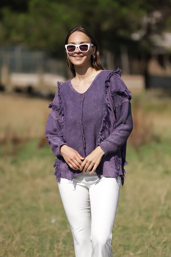 Deep Neck Frill Stone Washed Cotton Jumper