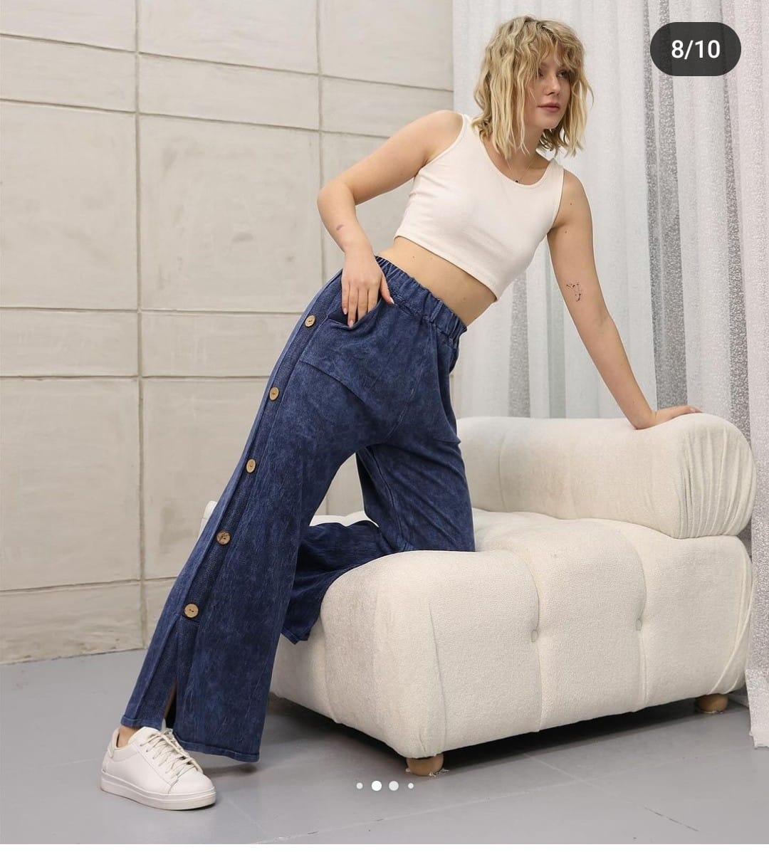 Flare Leg Buttoned Design Women Stone Washed Trouser
