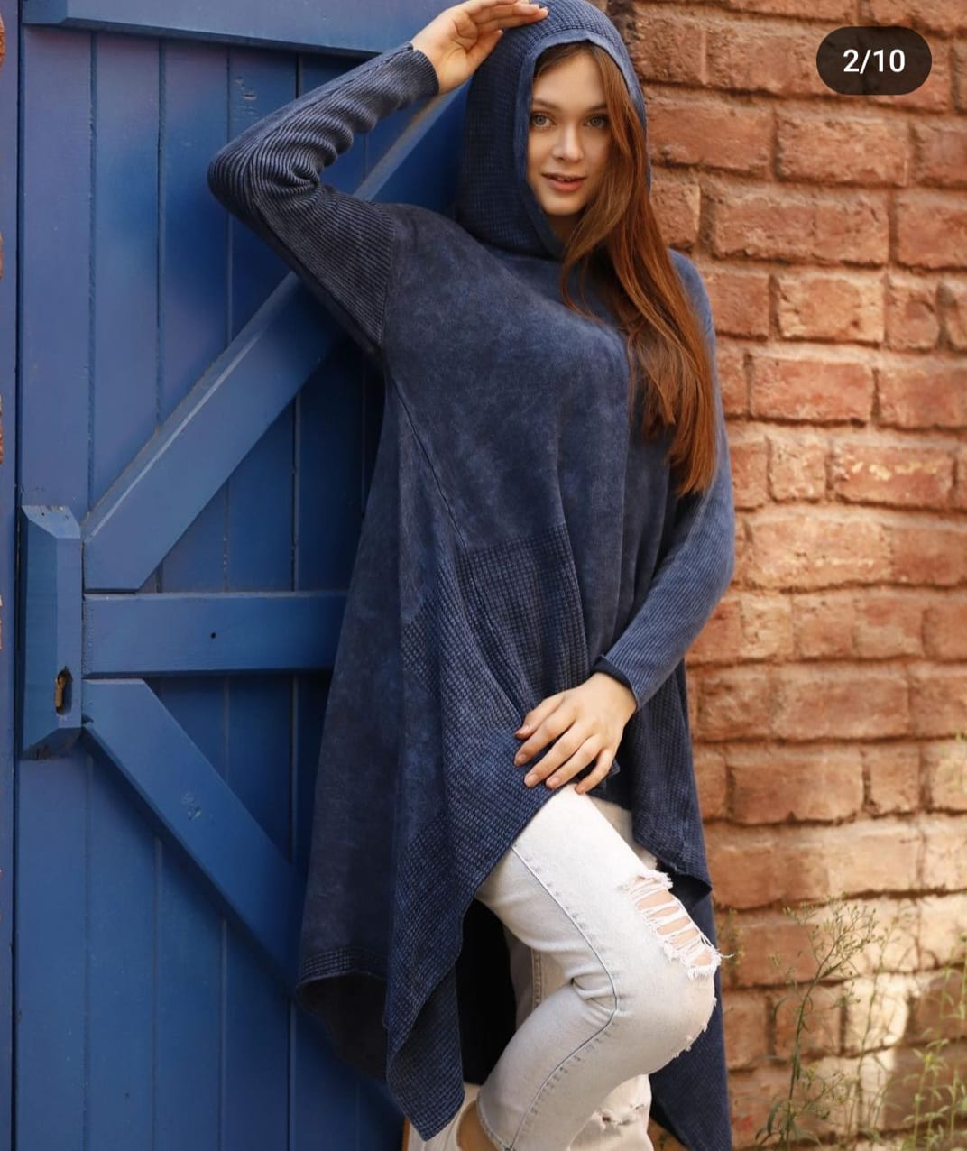 Irregular Hem Acid Washed Cotton Knitted Hoodie