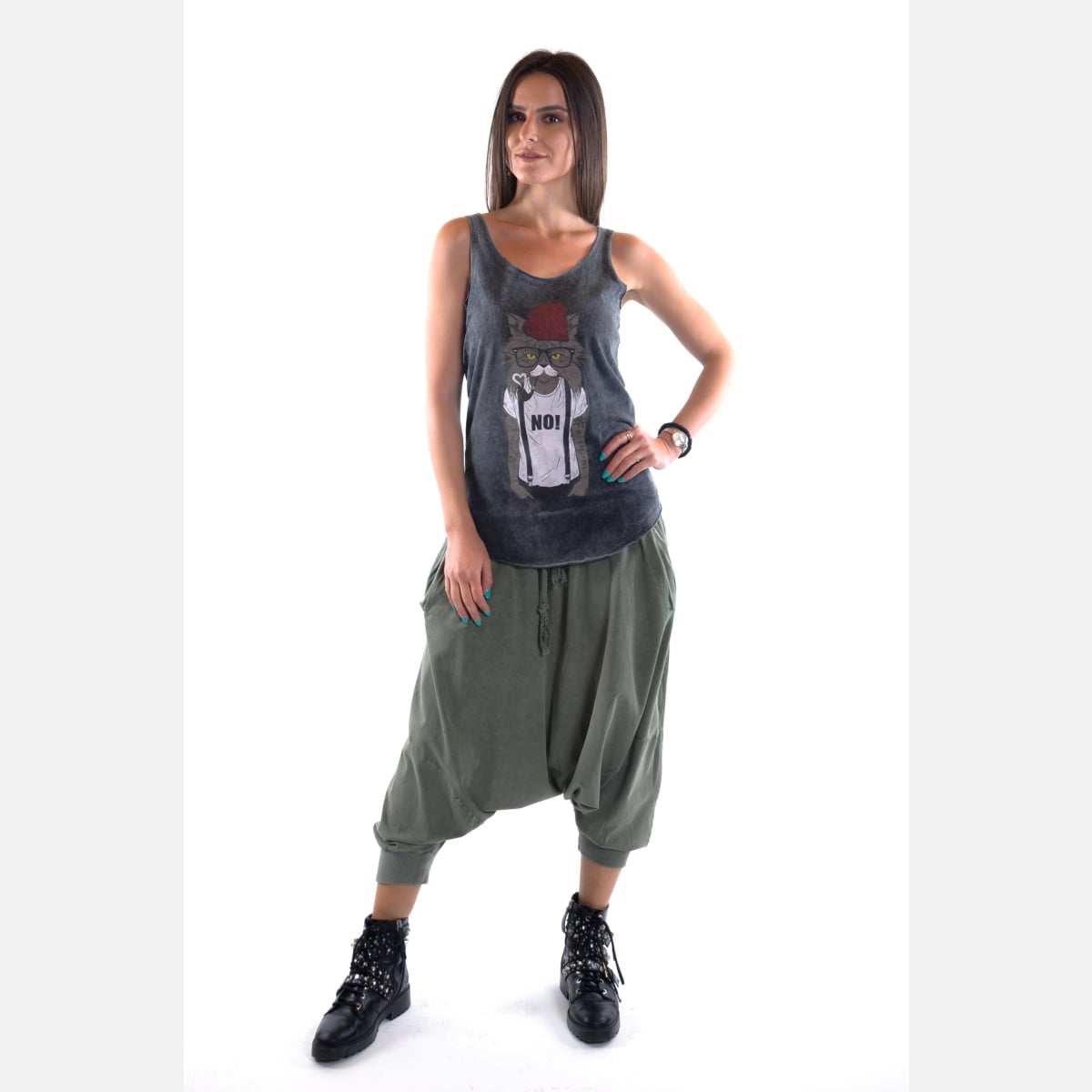 Anthracite Stone Washed Red Hat Cat Printed Cotton Women Vest