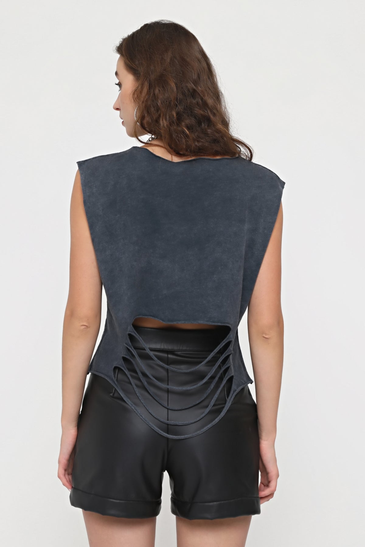 Plain Cut Ripped Hem Crop Stone Washed Anthracite Women Top Tank