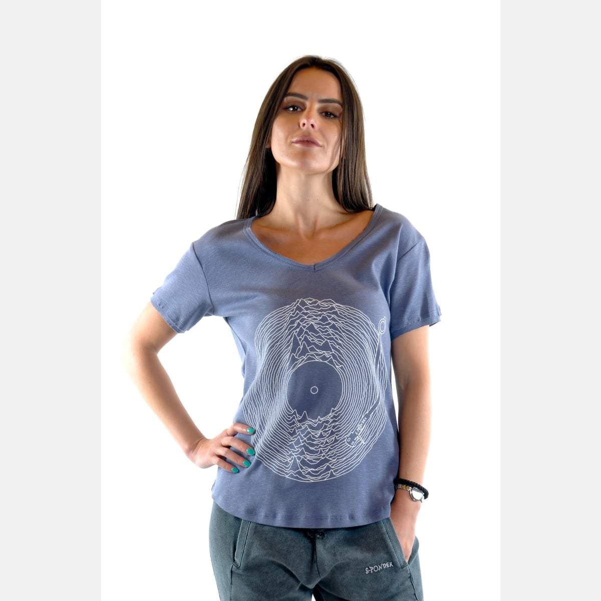Blue Joy Division Print Cotton Women V Neck T-shirt Tee Top S-Ponder
