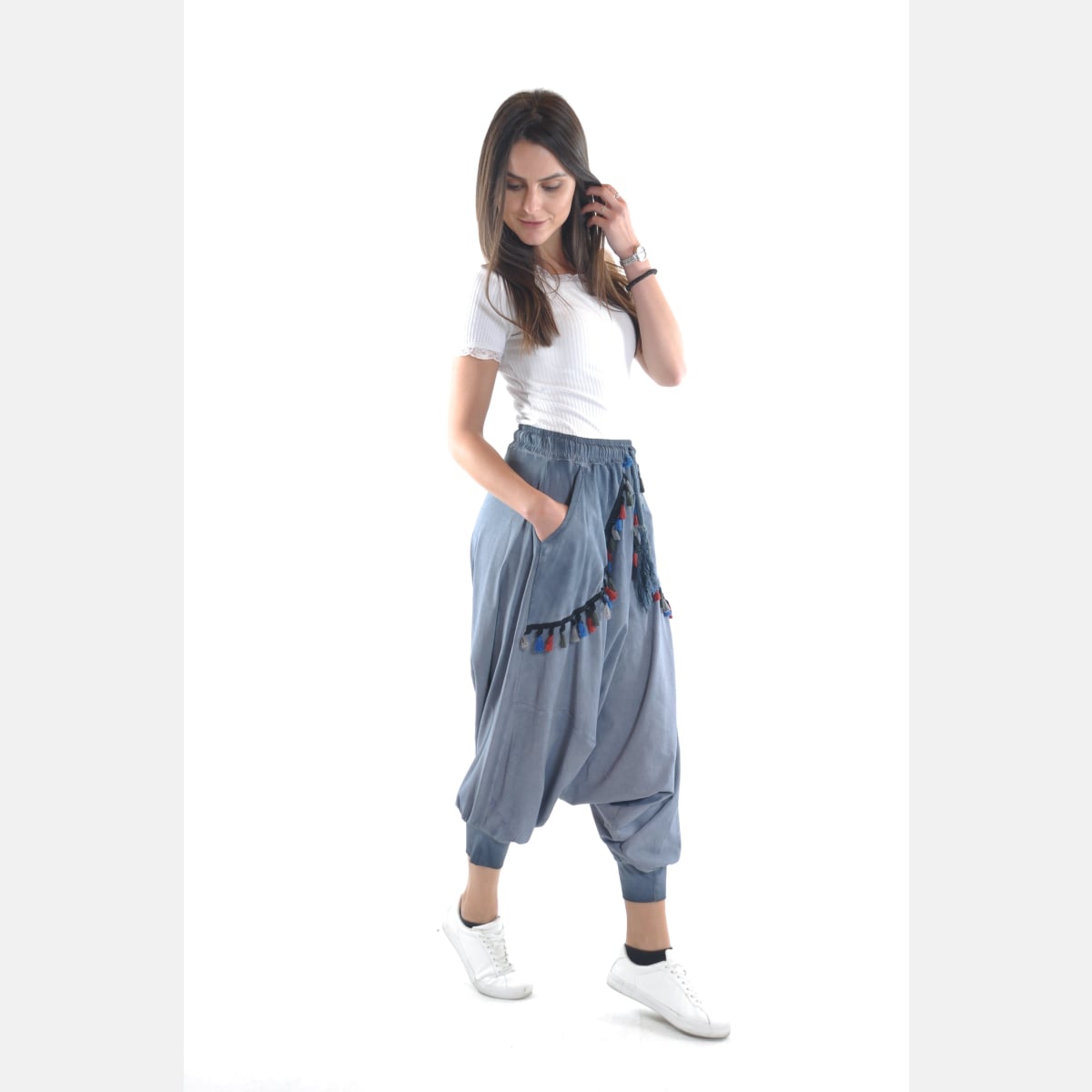 Blue Stone Washed Harem Bohemian Cotton Women Trousers -