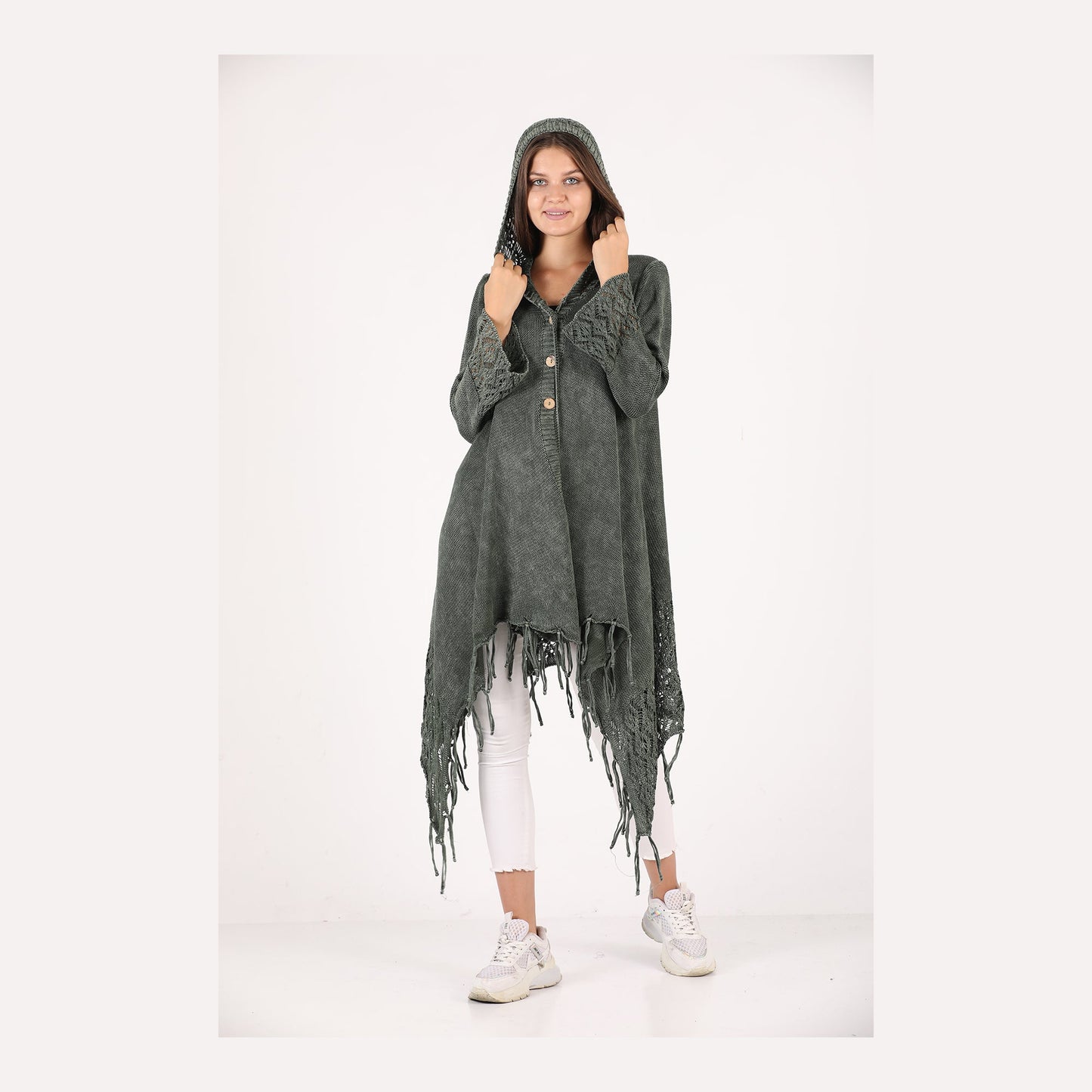 Fringe Long Hoodie Knitted Cardigan