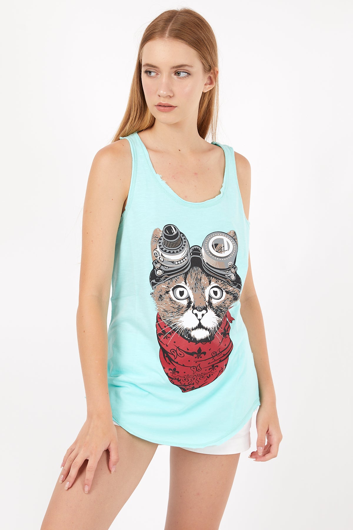 Stone Washed Google Cat Animal Printed Cotton Women Vest