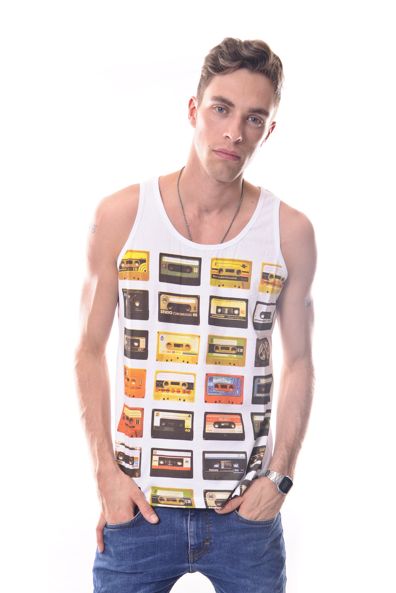 White Vintage Casette Printed Cotton Vest