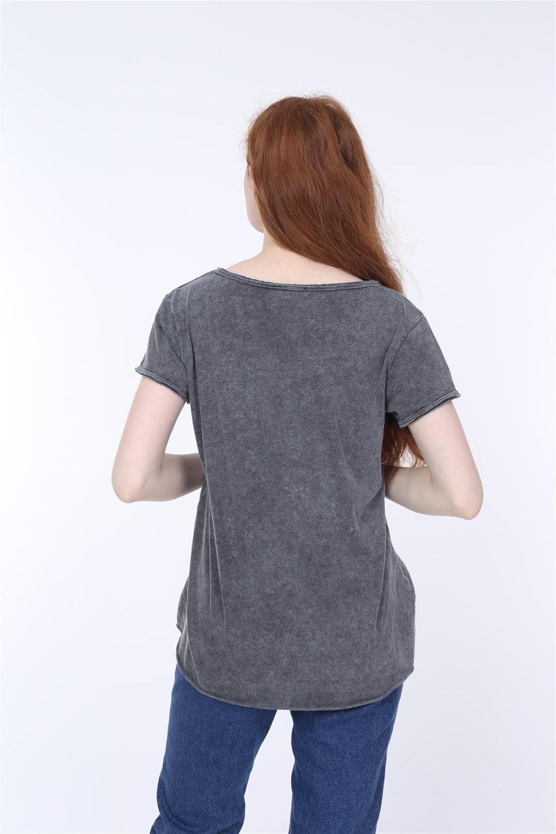 Anthracite Stone Washed Rose Skull Printed Cotton Women Scoop Neck T-shirt