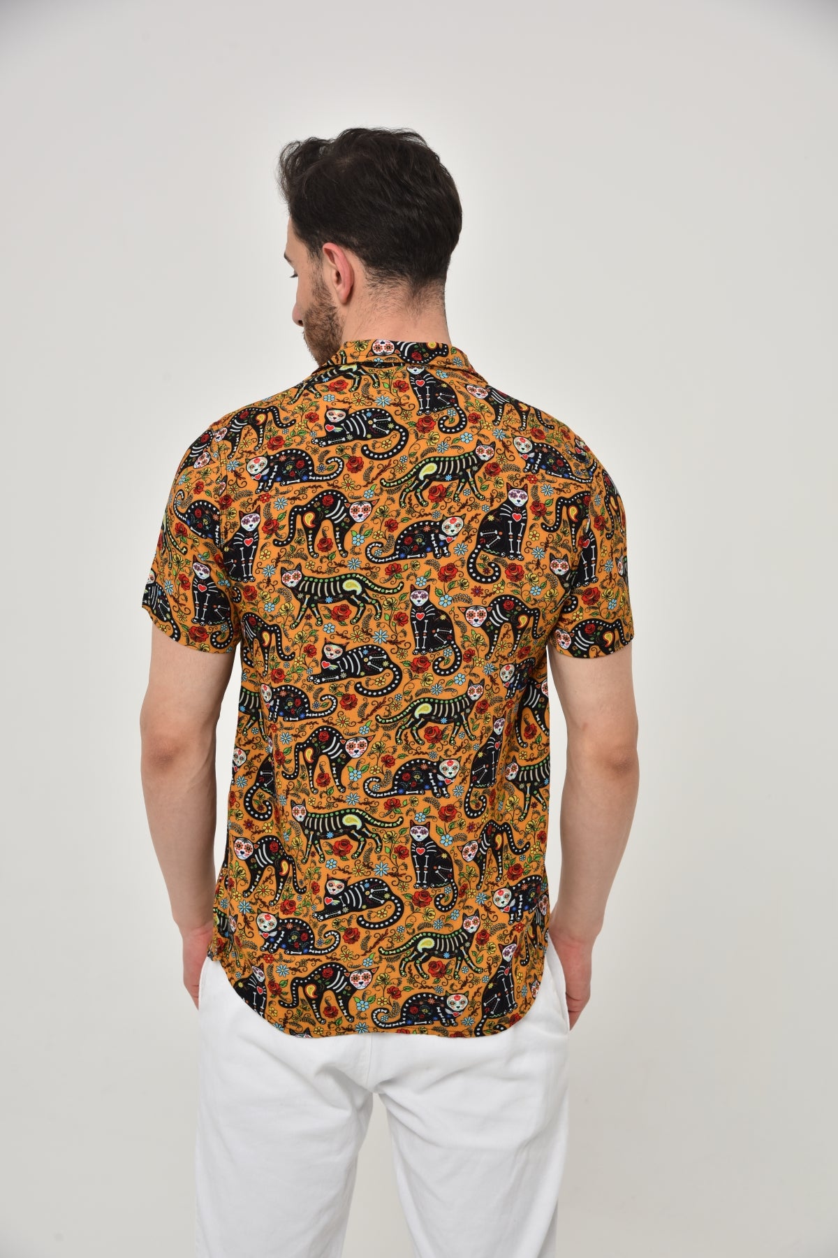 CAT ROSE PRINT SHORT SLEEVE MEN'S SHIRT
