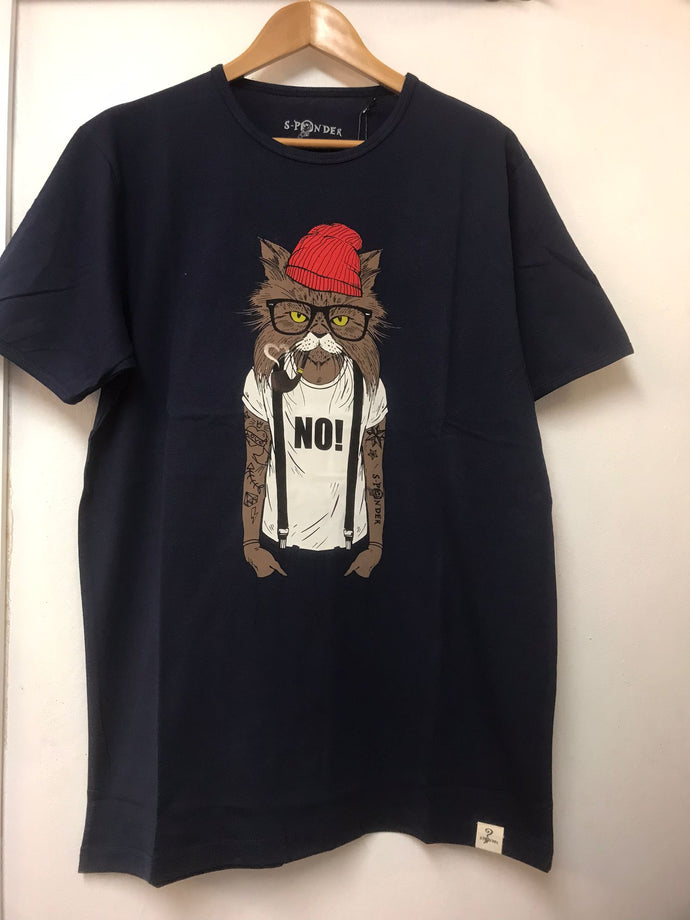 Red Hat Cat Animal Printed Cotton Navy Blue Regular  T-shirt