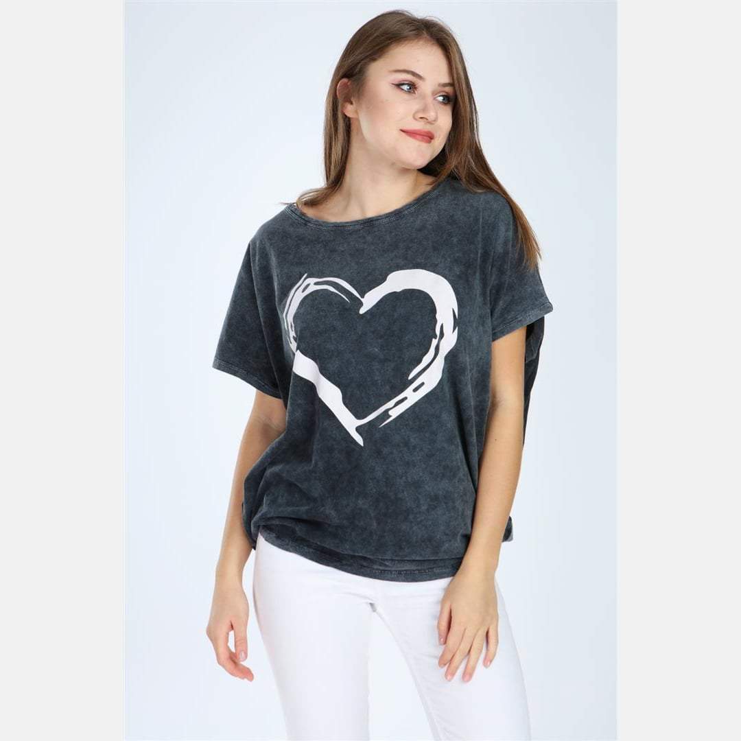 Green Stone Washed Heart Cotton Women Top