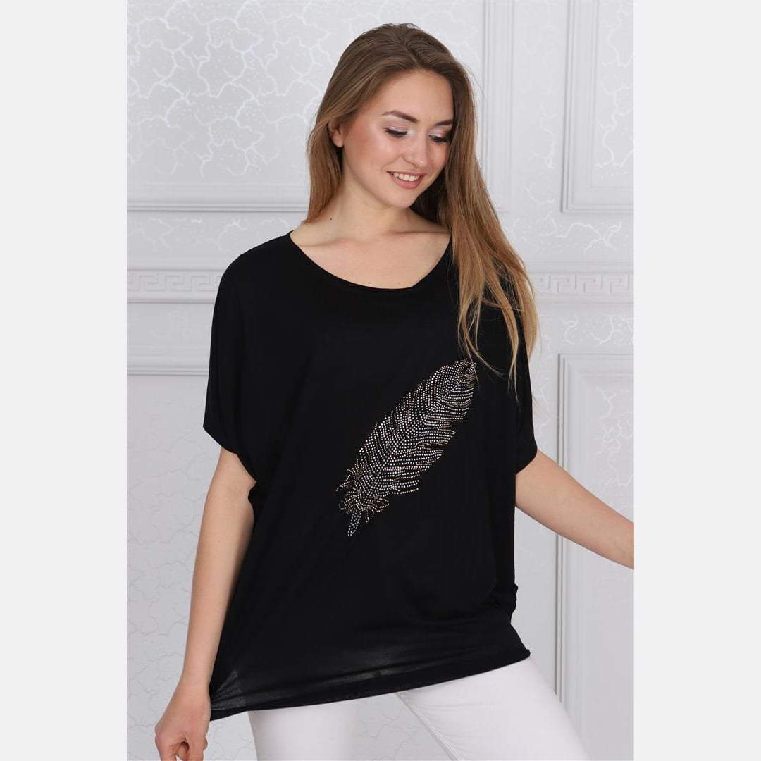 Black Big Feather Cotton Women Balloon T-Shirt