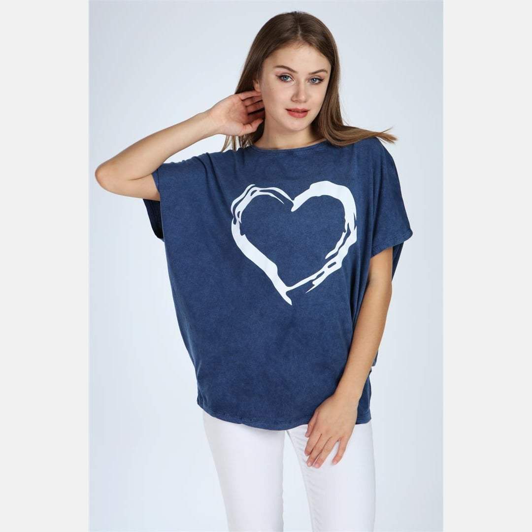 Green Stone Washed Heart Cotton Women Top