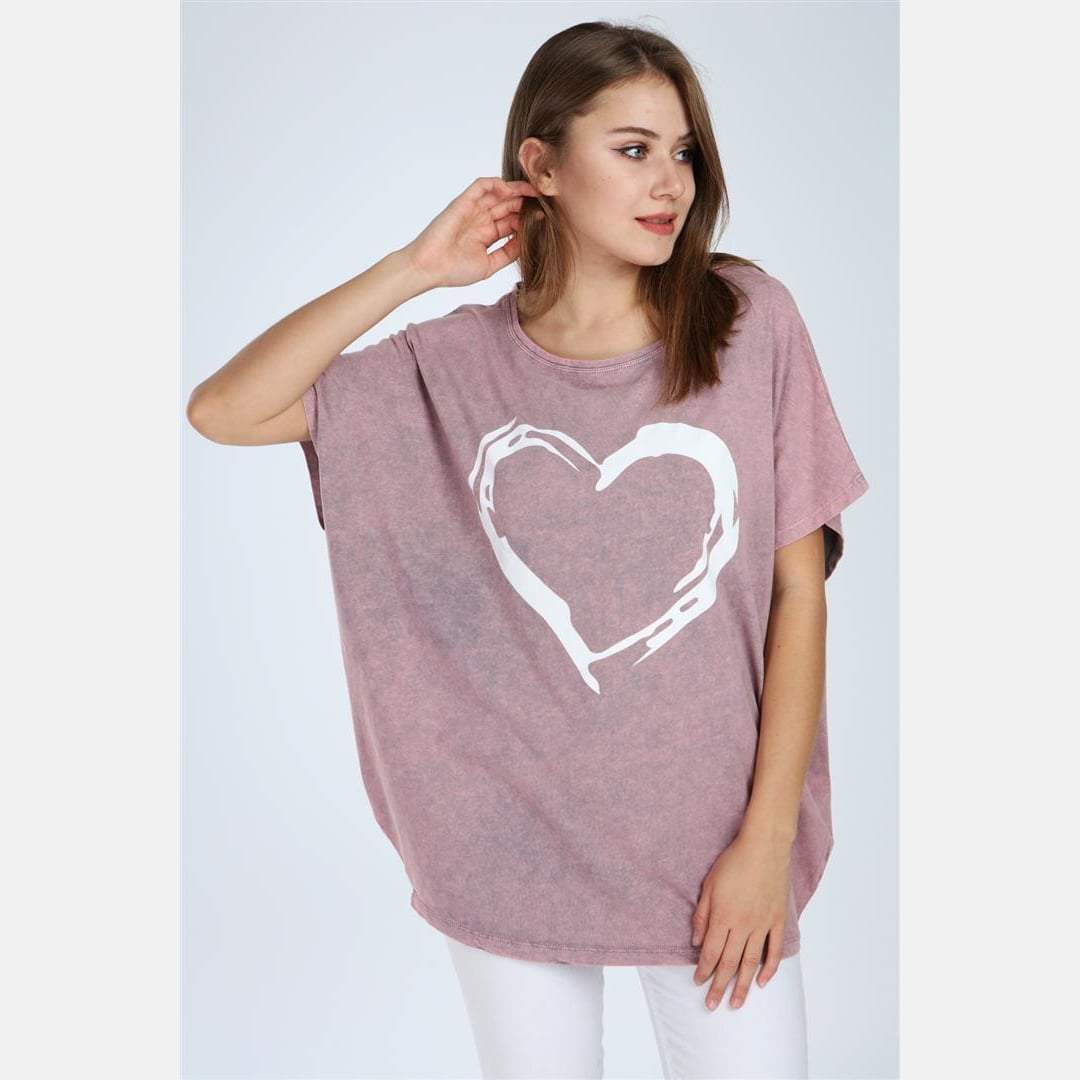 Green Stone Washed Heart Cotton Women Top
