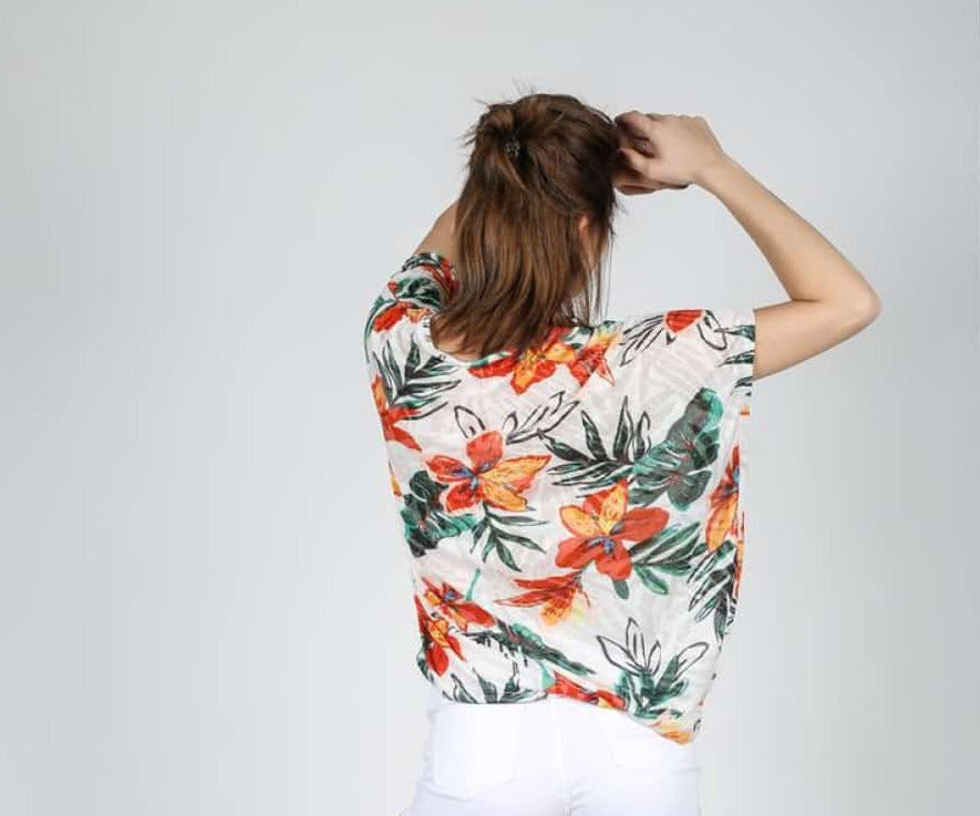 White Floral Print Cotton Women Balloon T-Shirt - S-Ponder Shop