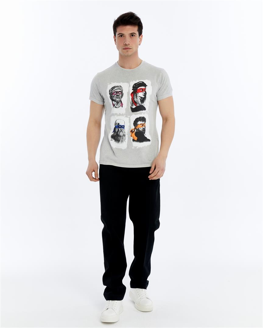 Four Masters Characters  Printed Acid Washed Cotton   T-shirt