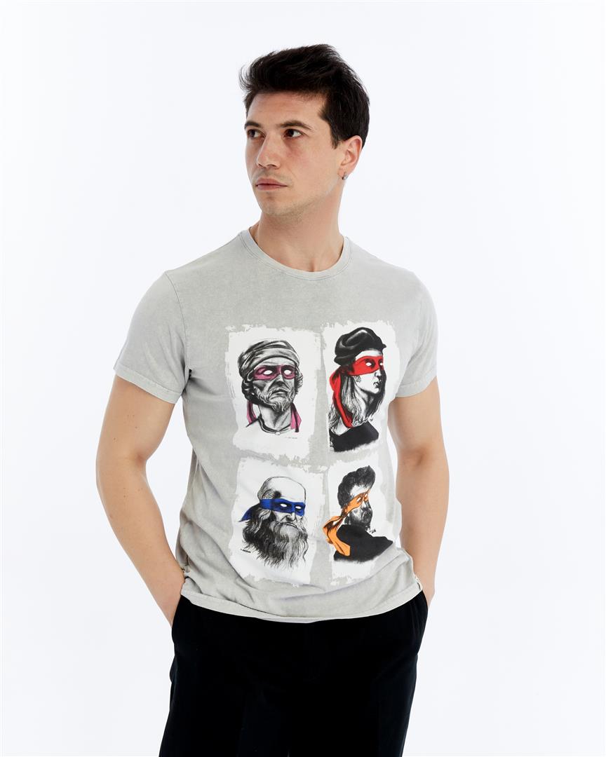Four Masters Characters  Printed Acid Washed Cotton   T-shirt