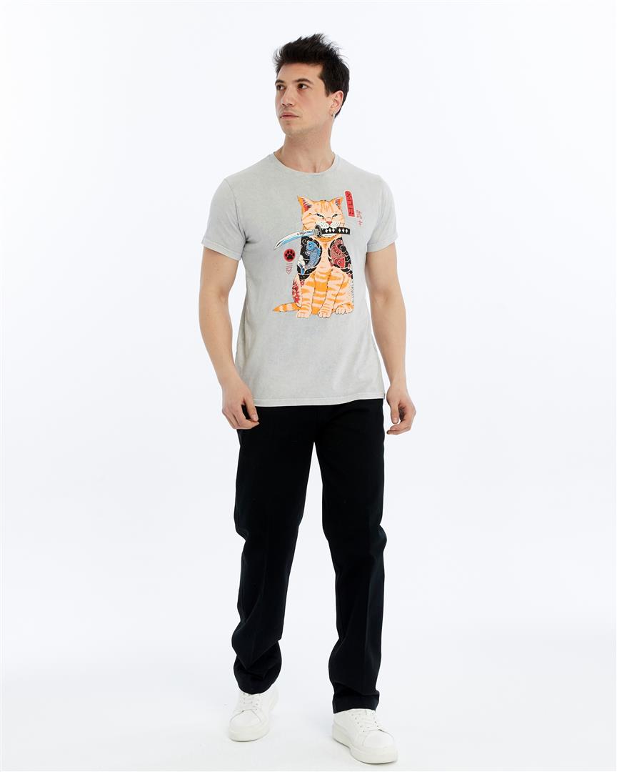 Stone Washed Effect Sword Catana Cat Art  Printed Cotton  T-shirt