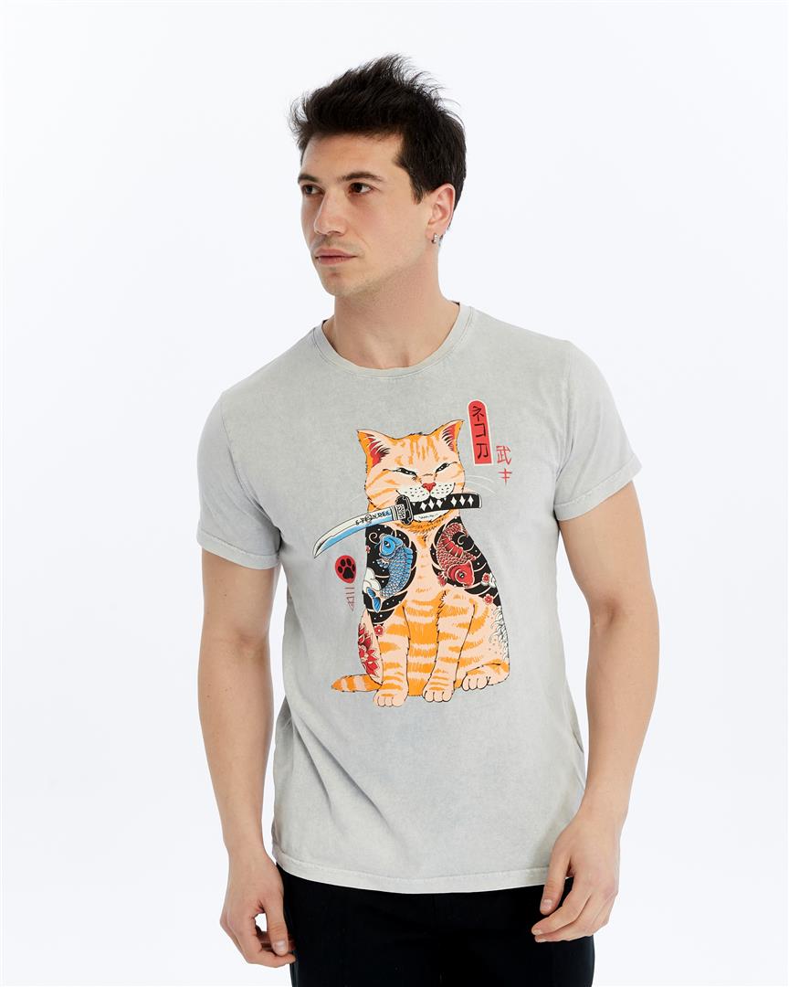 Stone Washed Effect Sword Catana Cat Art  Printed Cotton  T-shirt