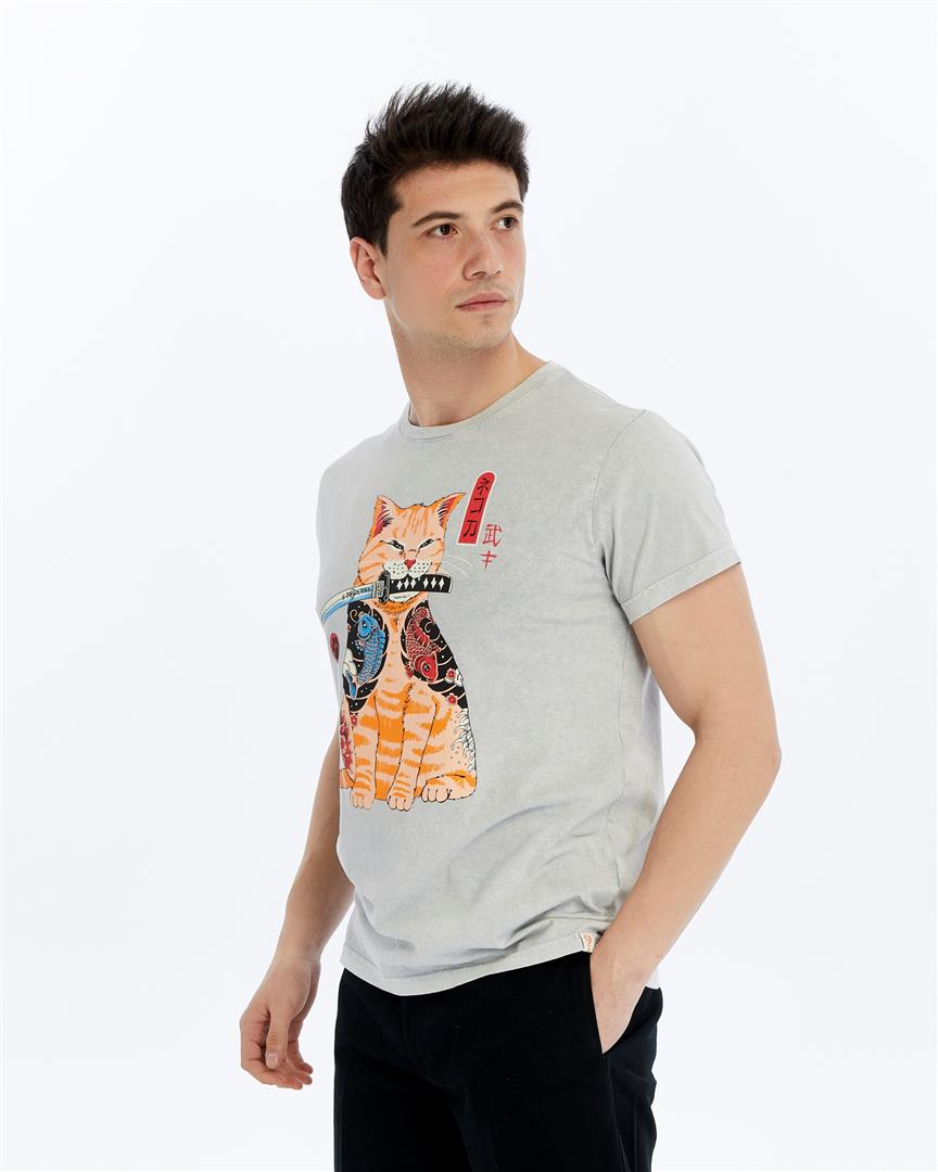 Stone Washed Effect Sword Catana Cat Art  Printed Cotton  T-shirt
