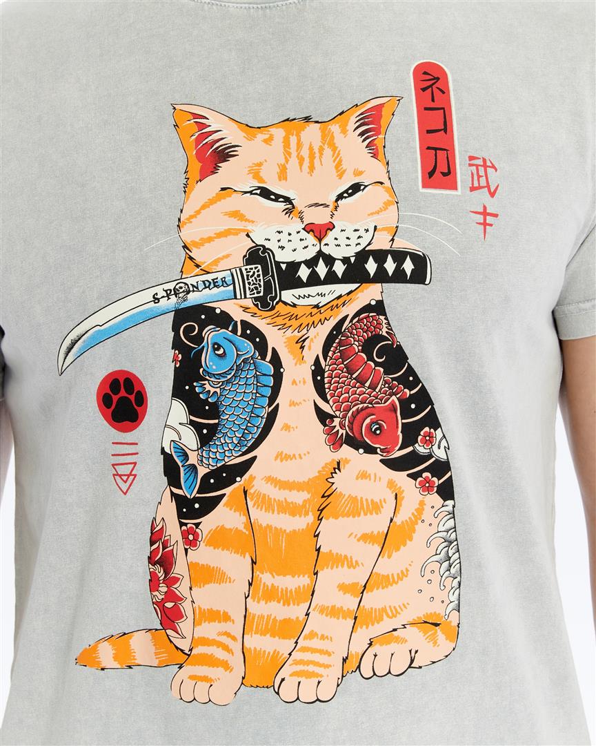 Stone Washed Effect Sword Catana Cat Art  Printed Cotton  T-shirt