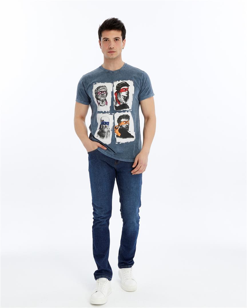 Four Masters Characters  Printed Acid Washed Cotton   T-shirt