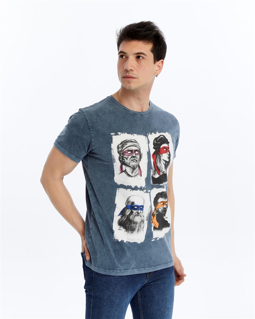 Four Masters Characters  Printed Acid Washed Cotton   T-shirt