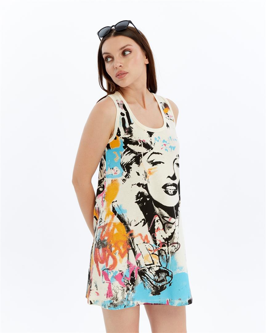 STONE WASHED MARYILN ART PRINT WOMEN LONG LINE VEST