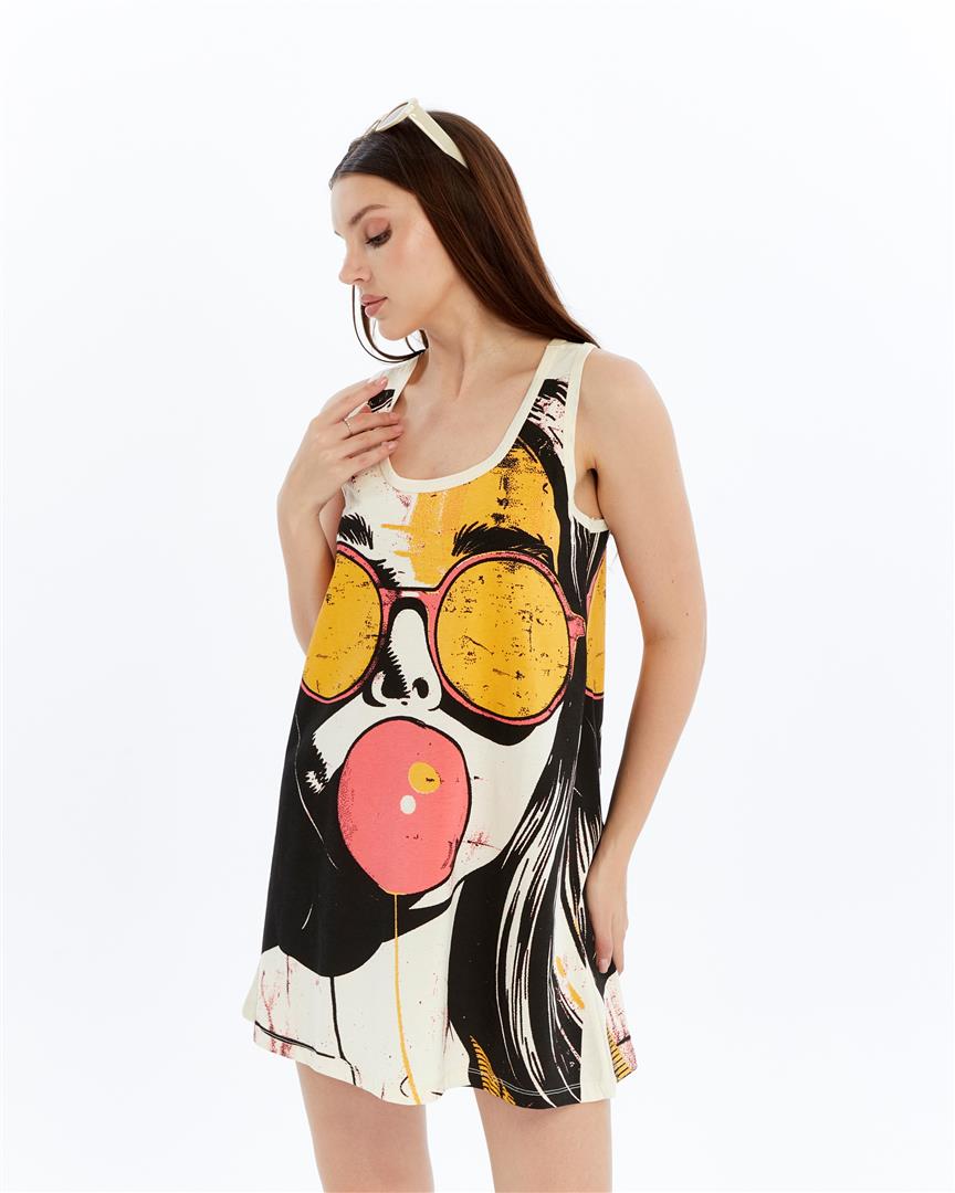 STONE WASHED  FACE & GUM PRINT WOMEN LONG LINE VEST